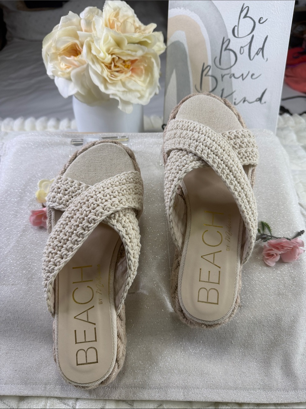 Beach by Metisse Cream Woven Crossband Espadrille Slide - Women